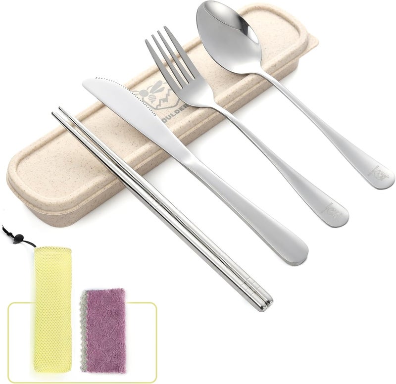 Boulder Bee Travel Utensils Set | Reusable Camping Cutlery Set | Stainless Steel Flatware Set | Portable Silverware Set with Case | Includes Knife/Fork/Spoon/Chopsticks/Cleaning Cloth/Case (Sliver) - Image 1